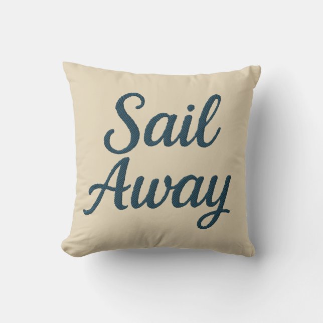 maritime beige & Navy Blue Script sail away Throw Pillow (Front)