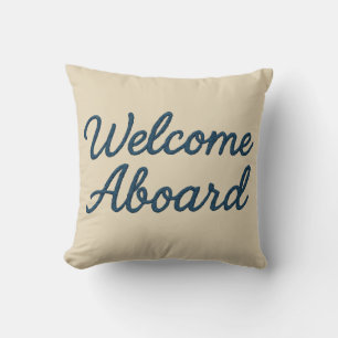 Maritime beige & Navy Blue Script welcome aboard Throw Pillow