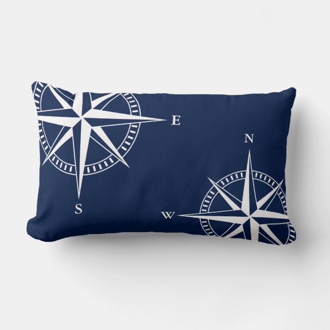 Maritime Odyssey: Blue & White Compass Nautical Lumbar Pillow (Front)
