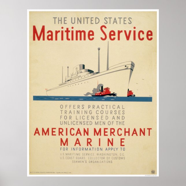 Maritime Service - Large Ship with Tugboats - WPA Poster (Front)