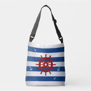 Maritime Style Blue And White Stripes Red Wheel Crossbody Bag
