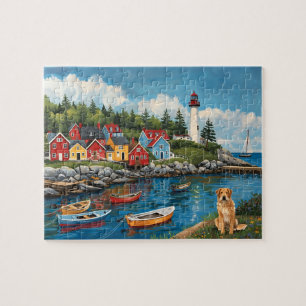 Maritime Village Lighthouse & Golden Retriever Jigsaw Puzzle