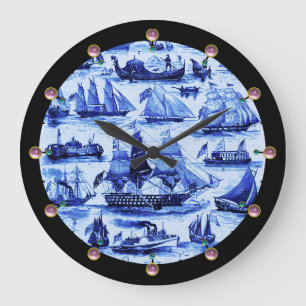 MARITIME,VINTAGE SHIPS,SAILING VESSELS,Navy Blue Large Clock