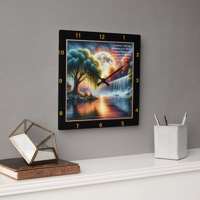 Mark 11:24 Belief Clock: Personalized Prayer Remin Square Wall Clock (Office)
