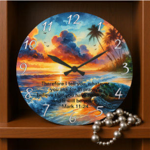 Mark 11:24 Faithful Sunset Cross Reflection Large Clock