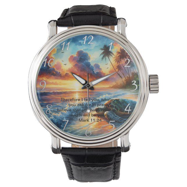 Mark 11:24 Faithful Sunset Cross Reflection Watch (Front)
