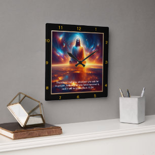 Mark 11:24 Jesus Glowing Against Celestial Sunset  Square Wall Clock