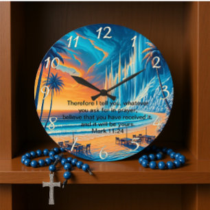 Mark 11:24 Peaceful Cross Sunset Reflection Large Clock