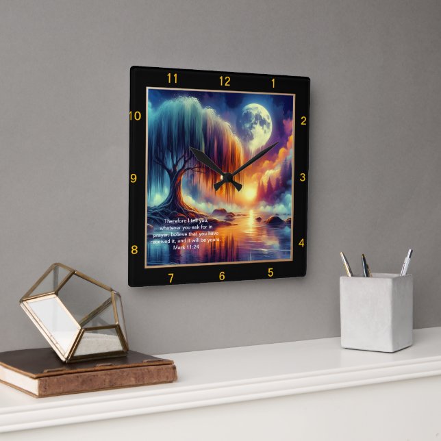  Mark 11:24 Prayer Clock: Believe and Receive Square Wall Clock (Office)