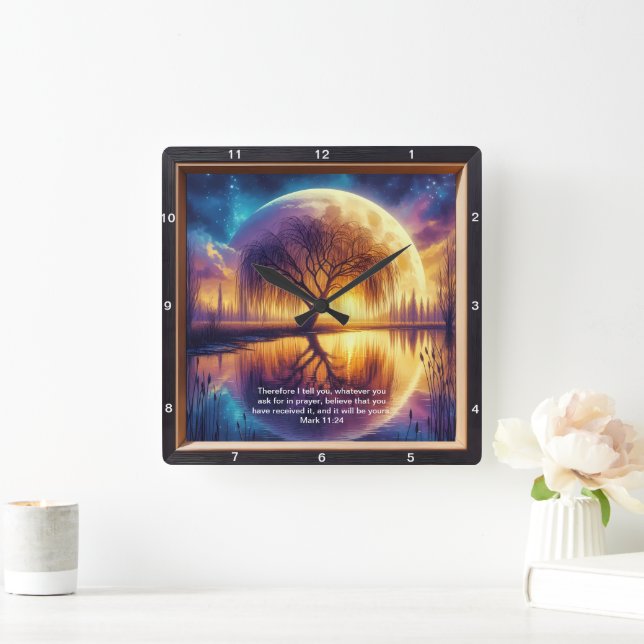 Mark 11:24 Strength: Personalized Scripture Art Square Wall Clock (Home)