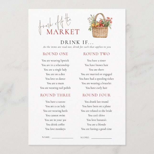Market Would She Rather Bridal Shower Game Card (Front)