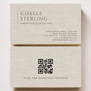 Marketing Consultant Luxury Neutral Linen QR Code Business Card