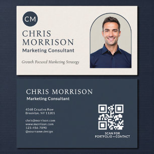 Marketing Consultant Photo QR Code Navy Blue Business Card