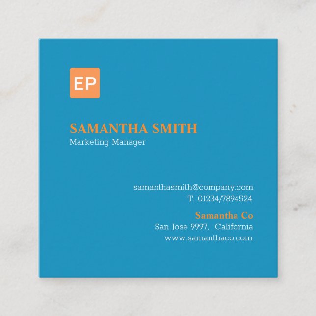Marketing Manager Blue and Orange Square Business Card (Front)