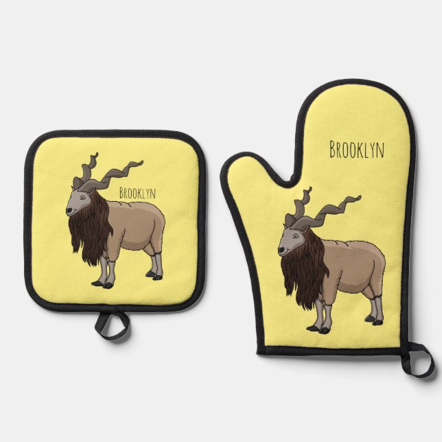 Markhor goat cartoon illustration oven mitt & pot holder set (Front)