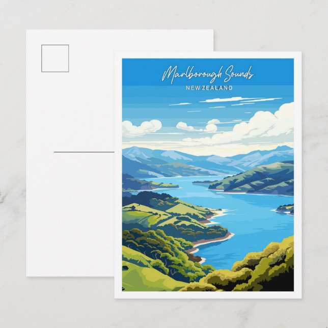 Marlborough Sounds Travel Vintage Illustration Postcard (Front/Back)