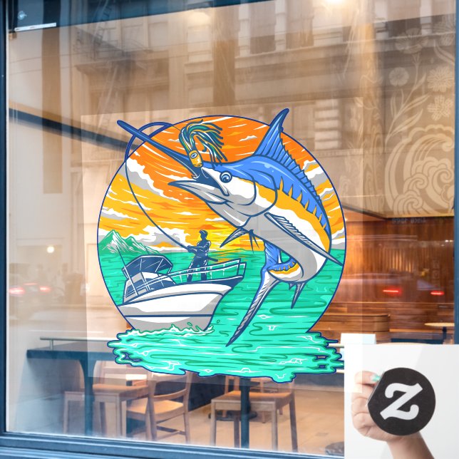 Marlin Fish Taking The Lure Fisherman Charter Window Cling (Cafe Window)