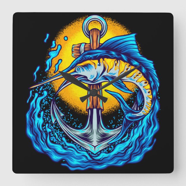 Marlin Fish with Anchor Square Wall Clock (Front)