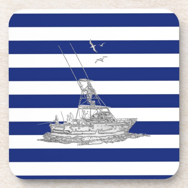 Marlin Fishing Chrome on Nautical Stripes Coaster (Front)