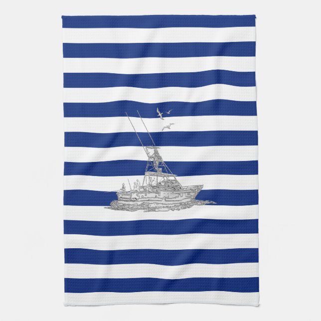 Marlin Fishing Chrome on Nautical Stripes Kitchen Towel (Vertical)
