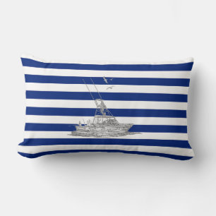 Marlin Fishing Chrome on Nautical Stripes Lumbar Pillow