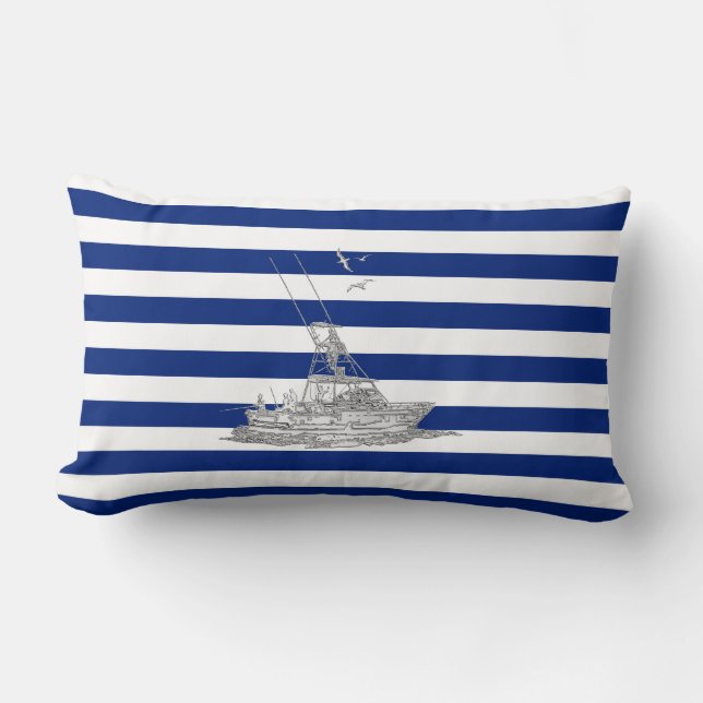 Marlin Fishing Chrome on Nautical Stripes Lumbar Pillow (Front)