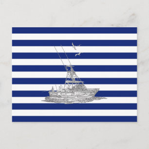 Marlin Fishing Chrome on Nautical Stripes Postcard