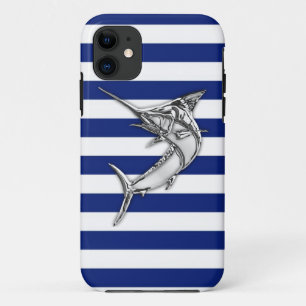 Marlin Swordfish Chrome on Nautical Stripes iPhone 11 Case