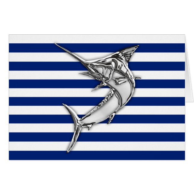 Marlin Swordfish Chrome Style on Nautical Stripes (Front Horizontal)