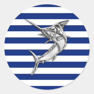 Marlin Swordfish Chrome Style on Nautical Stripes Classic Round Sticker