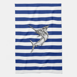 Marlin Swordfish Chrome Style on Nautical Stripes Kitchen Towel