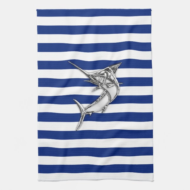 Marlin Swordfish Chrome Style on Nautical Stripes Kitchen Towel (Vertical)