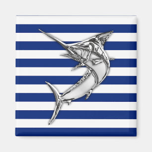 Marlin Swordfish Chrome Style on Nautical Stripes Magnet
