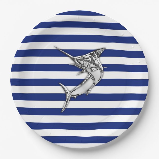 Marlin Swordfish Chrome Style on Nautical Stripes Paper Plate (Front)