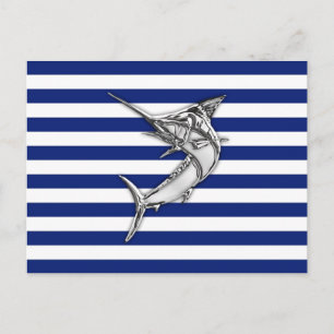 Marlin Swordfish Chrome Style on Nautical Stripes Postcard
