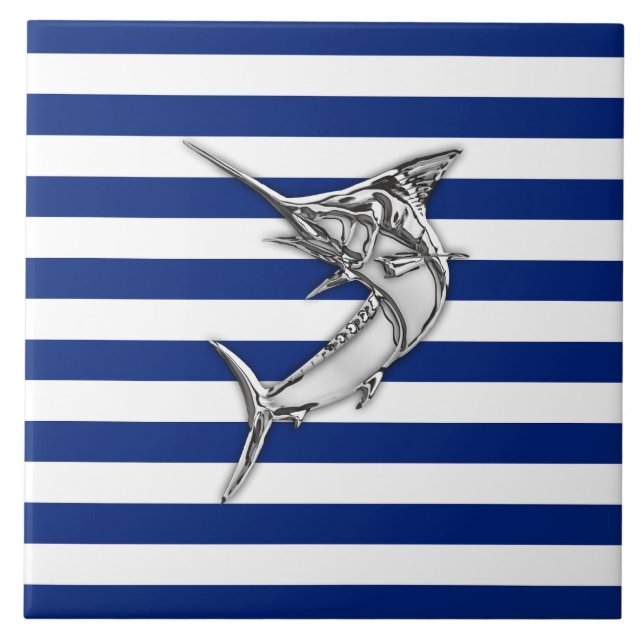 Marlin Swordfish Chrome Style on Nautical Stripes Tile (Front)