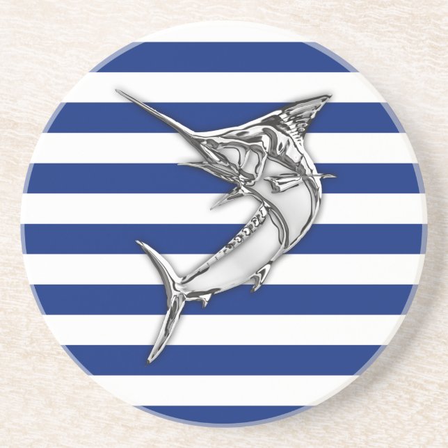 Marlin Swordfish on Nautical Blue Stripes Coaster (Front)