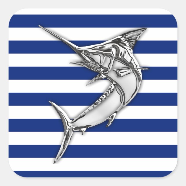 Marlin Swordfish on Nautical Blue Stripes Square Sticker (Front)
