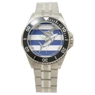 Marlin Swordfish on Nautical Blue Stripes Watch