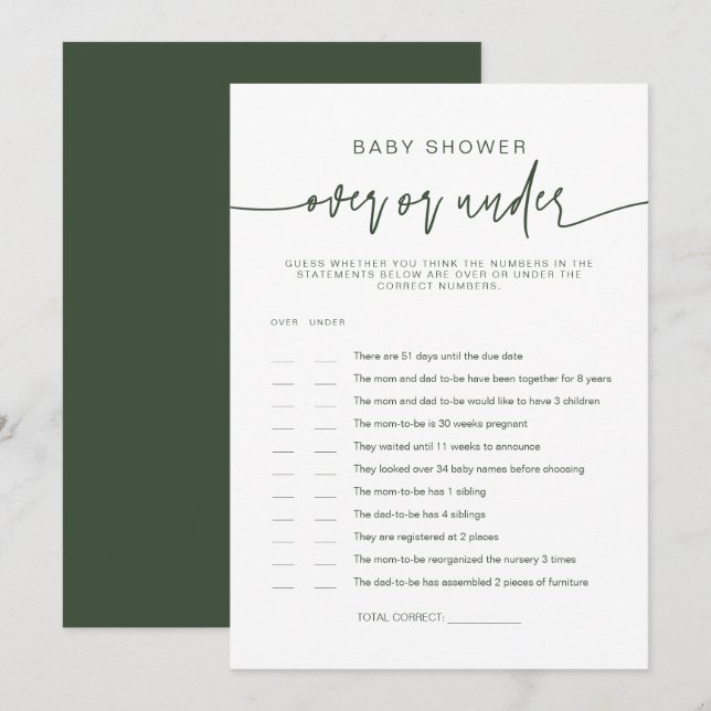 MARLO Bohemian Green Over Under Baby Shower Game Invitation (Front/Back)
