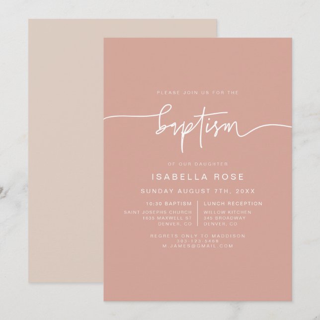MARLO Boho Blush Pink Baptism Invitation (Devant / Derrière)