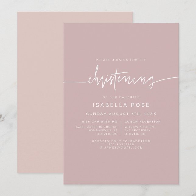 MARLO Boho Dusty Rose Pink Christening  Invitation (Front/Back)