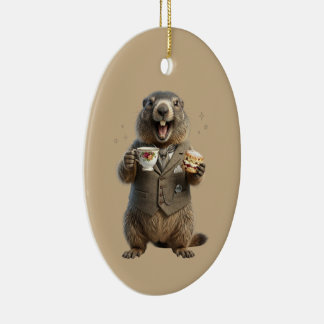 Marmot Drinking Tea Ceramic Ornament