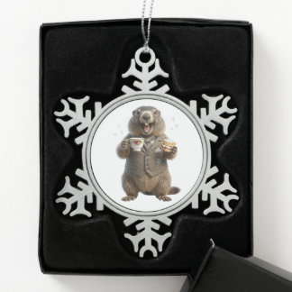Marmot Drinking Tea Snowflake Pewter Christmas Ornament