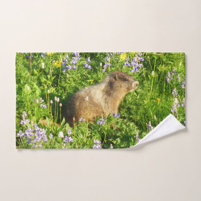 Marmot in Mount Rainier Wildflowers Hand Towel (Hand Towel)