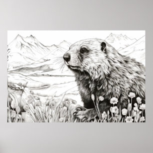 Marmot Peaceful Nature Prairie Sketch Drawing Art Poster