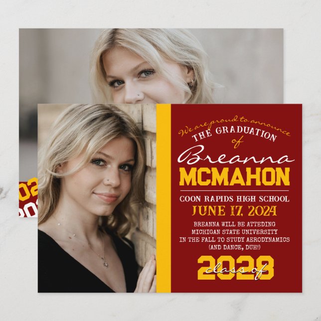 Maron & Gold Graduation 2 Faire-part photo (Devant / Derrière)