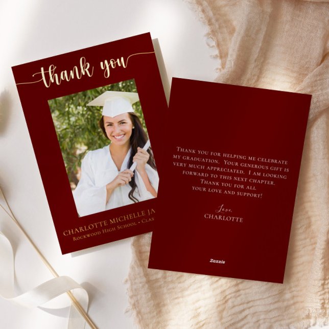 Maron & Gold Graduation Carte de remerciements pho (Créateur téléchargé)