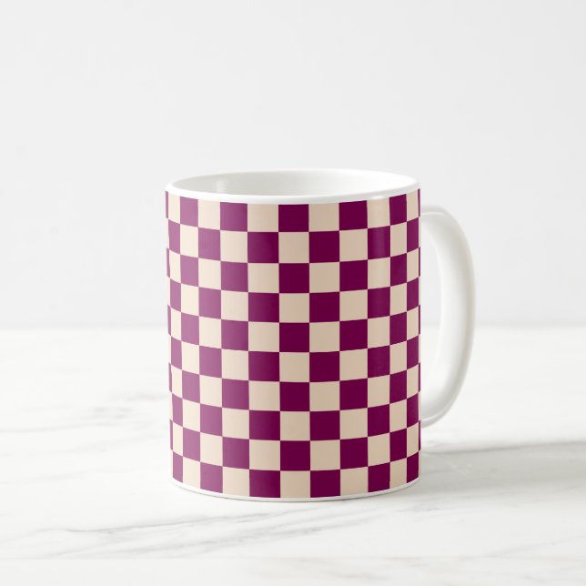 Maroon and beige checkerboard pattern coffee mug (Front Right)