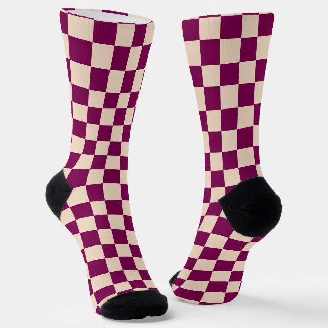 Maroon and beige checkerboard pattern socks (Angled)